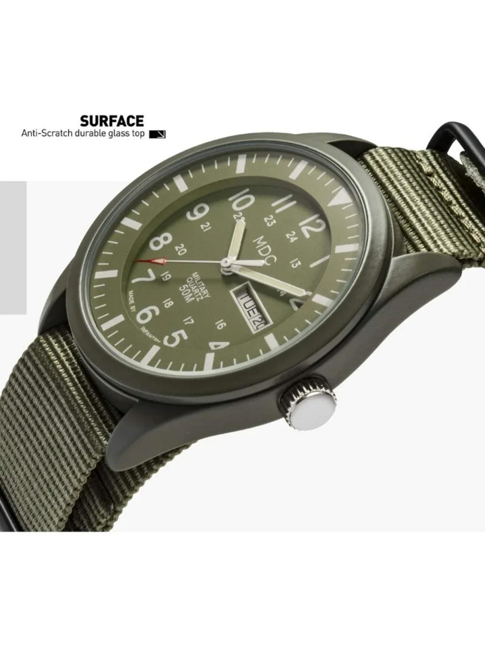 Men's Military Field Watch - Tactical Waterproof Analog, 12/24H, Green Nylon